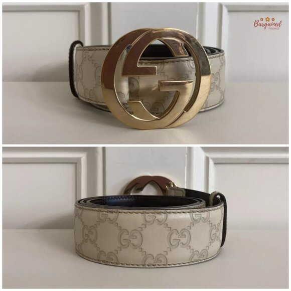 Authentic Gucci Cream Guccissima Leather Gold Interlocking G Buckle Belt 85/34 - Picture 3 of 12